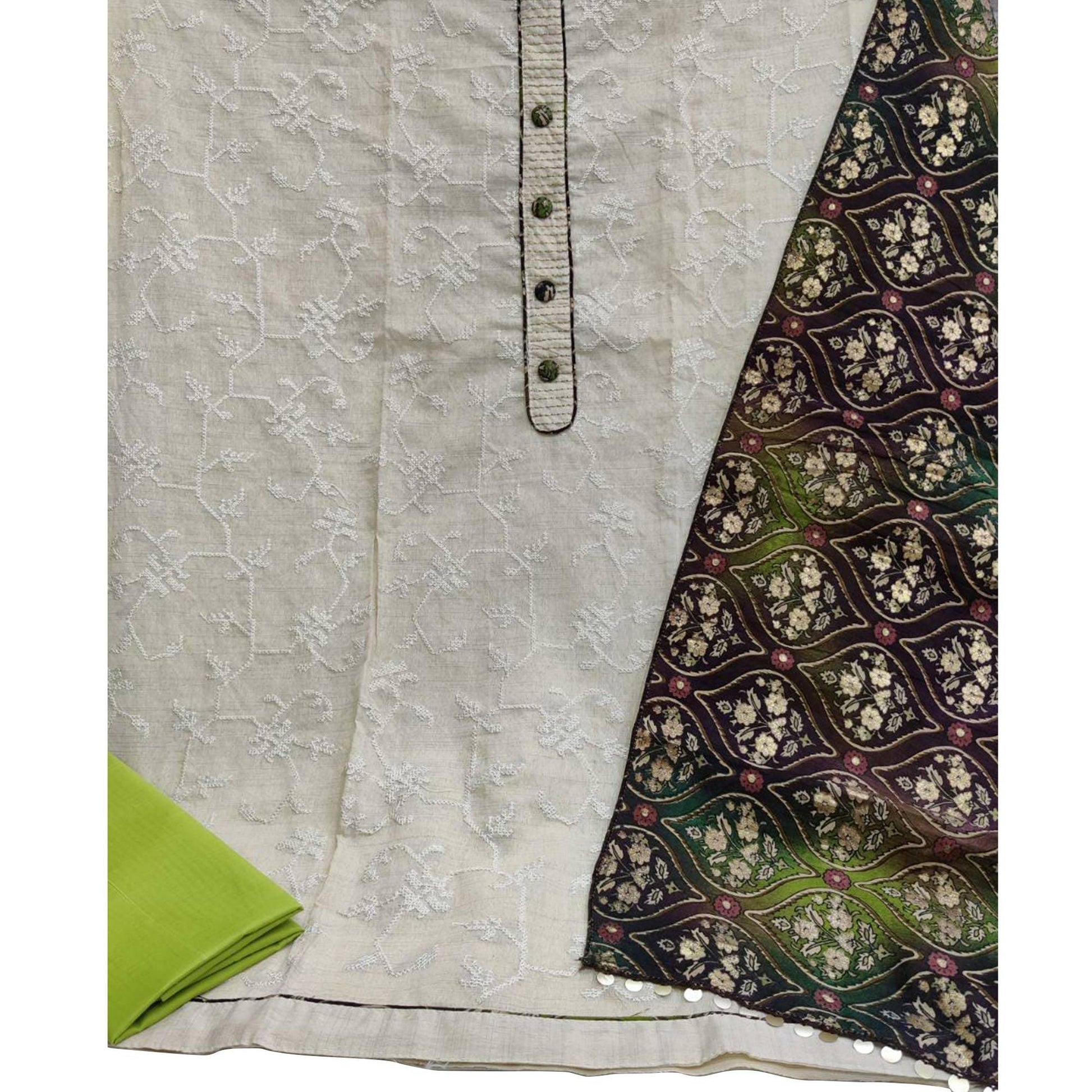 Gleaming Offwhite - Green Colored Casual Wear Embroidered Cotton Dress Material