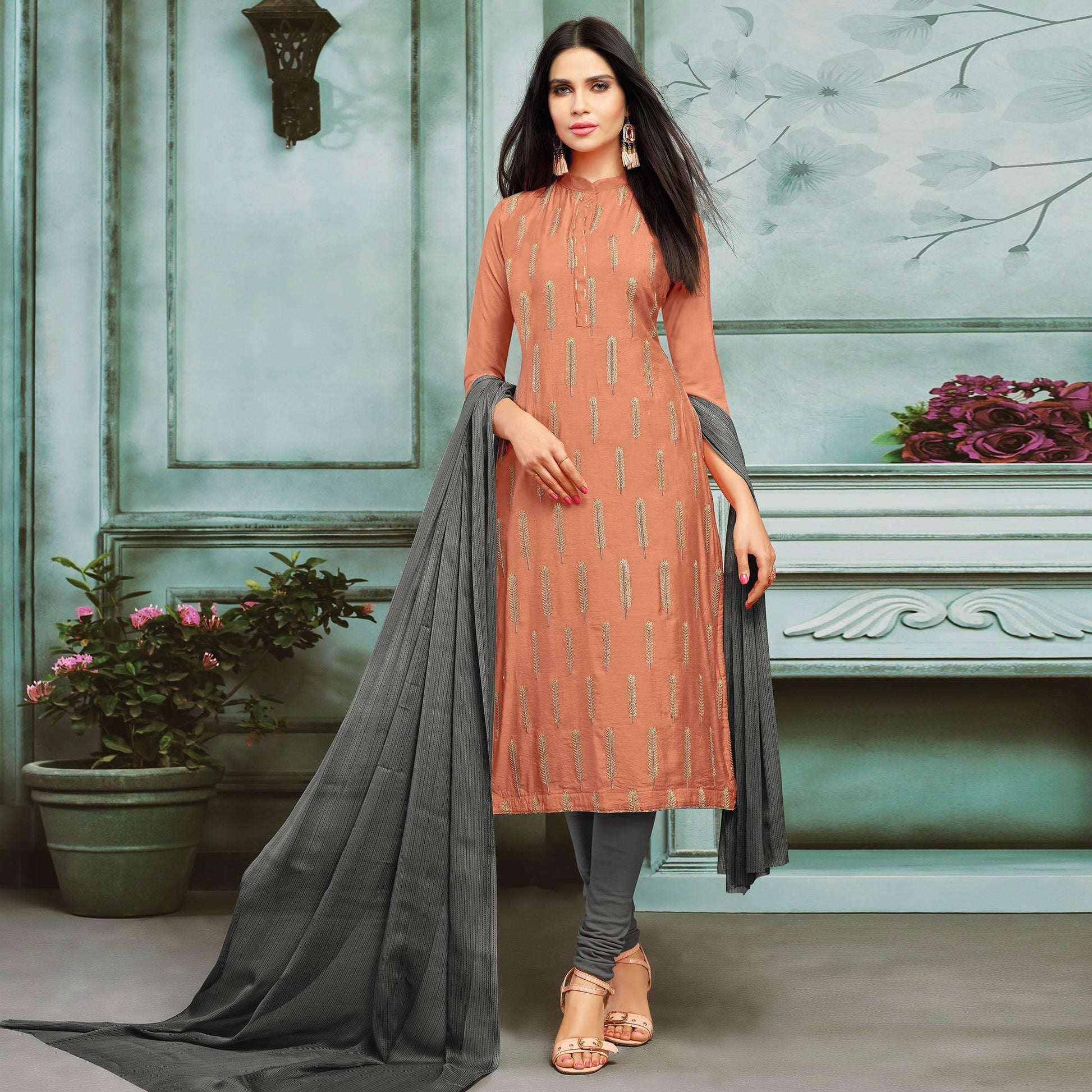Gleaming Orange Colored Casual Wear Printed Chanderi Dress Material