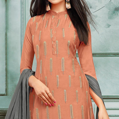 Gleaming Orange Colored Casual Wear Printed Chanderi Dress Material