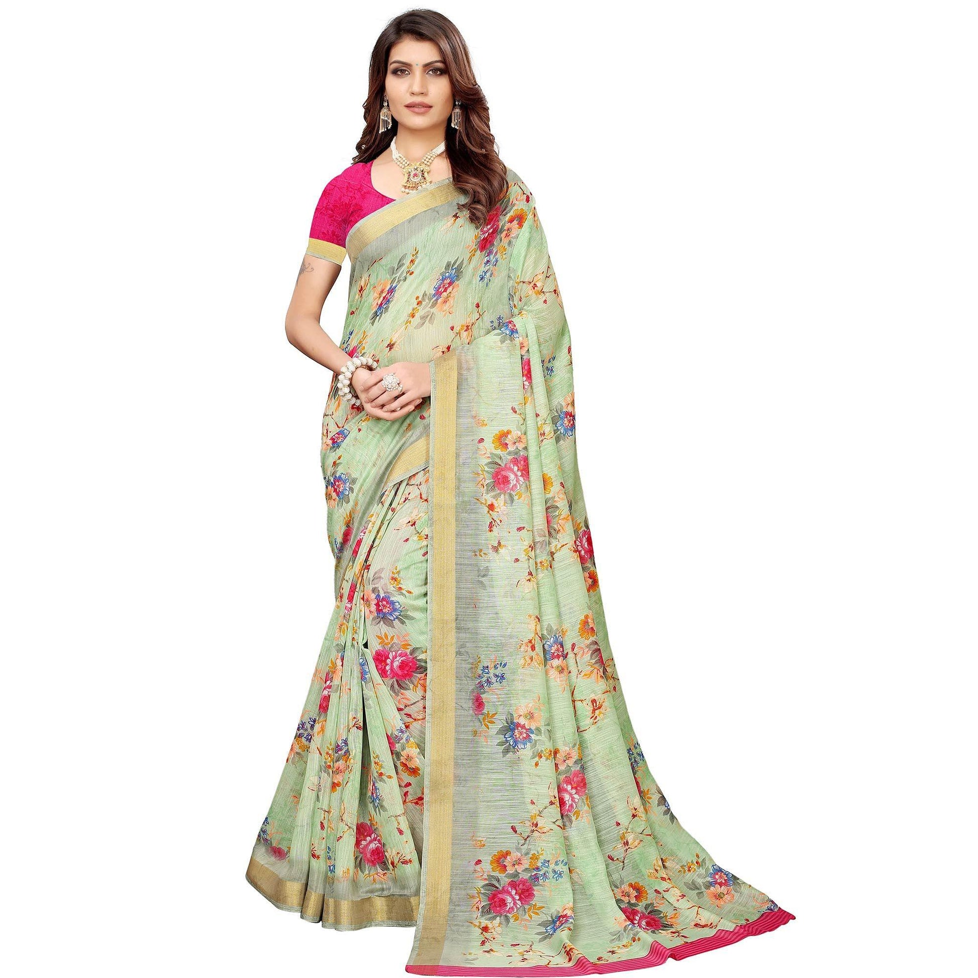 Gleaming Pastel Green Colored Casual Printed Linen Saree