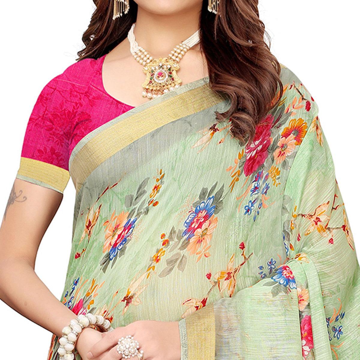 Gleaming Pastel Green Colored Casual Printed Linen Saree