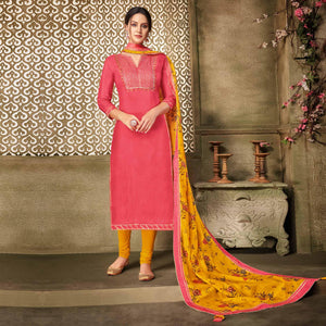 Gleaming Peach Colored Casual Wear Embroidered Chanderi Dress Material