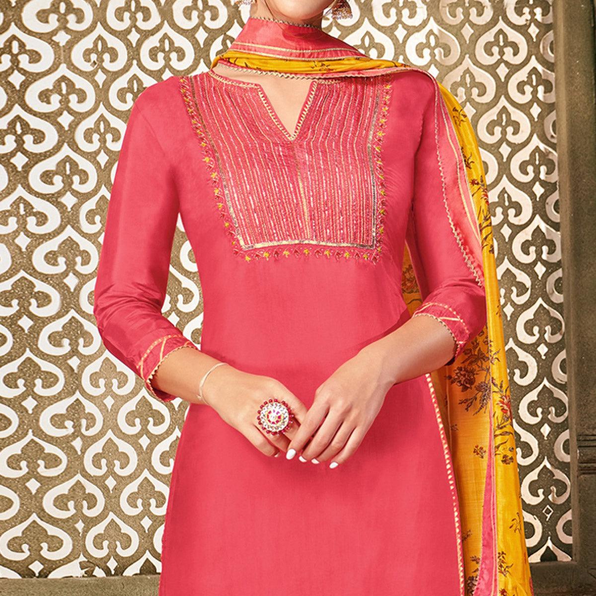 Gleaming Peach Colored Casual Wear Embroidered Chanderi Dress Material