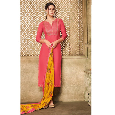 Gleaming Peach Colored Casual Wear Embroidered Chanderi Dress Material