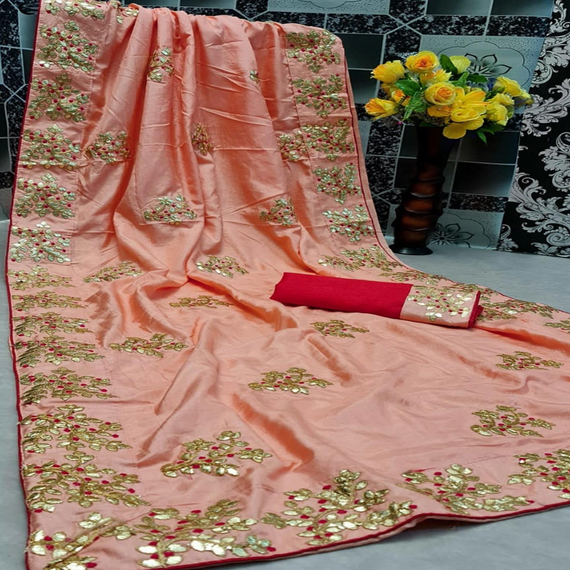 Gleaming Peach Colored Festive Wear Butta Work Dola Silk Saree