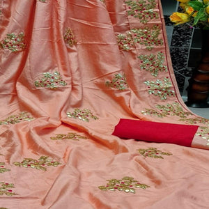 Gleaming Peach Colored Festive Wear Butta Work Dola Silk Saree
