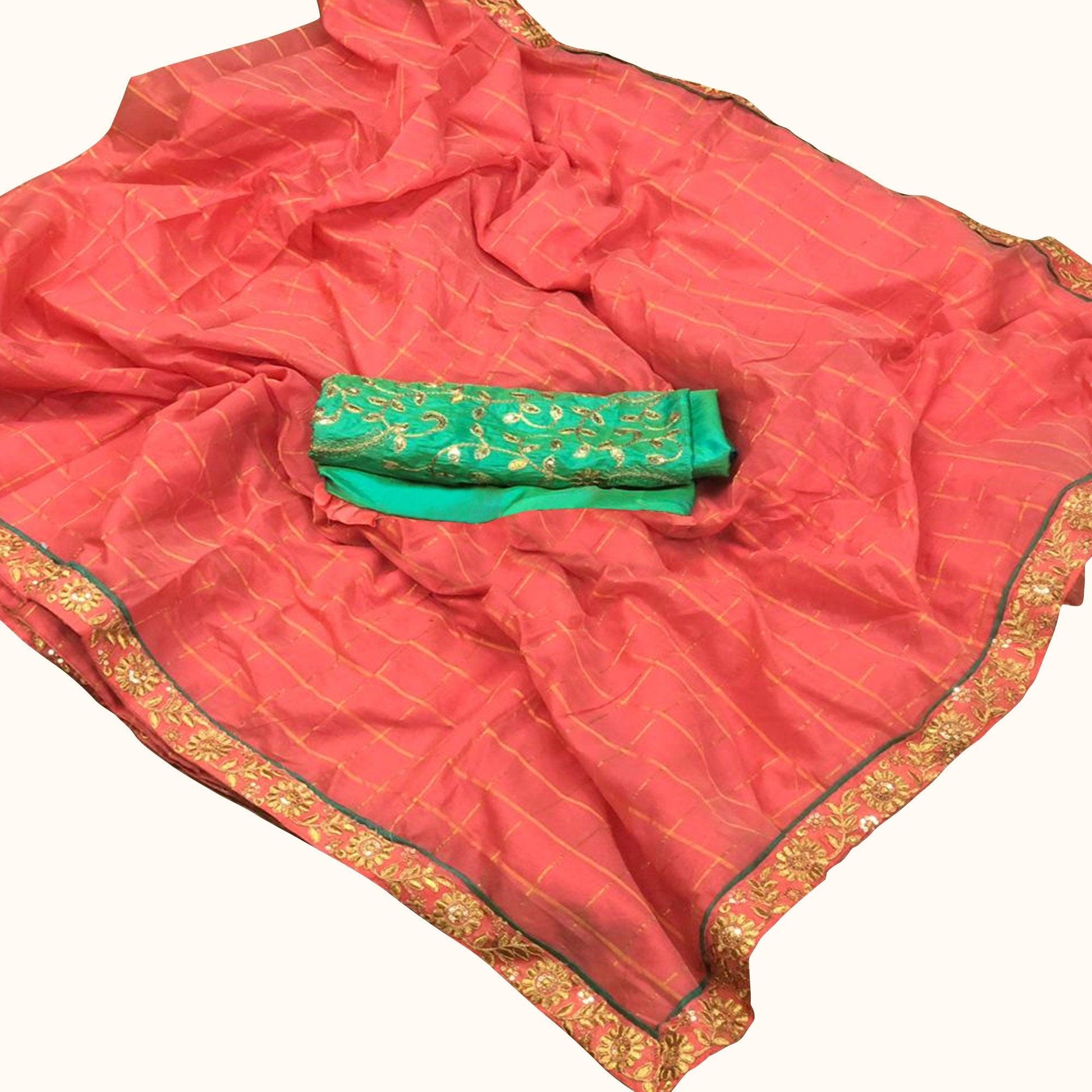 Gleaming Peach Colored Festive Wear Embroidered Cotton Saree