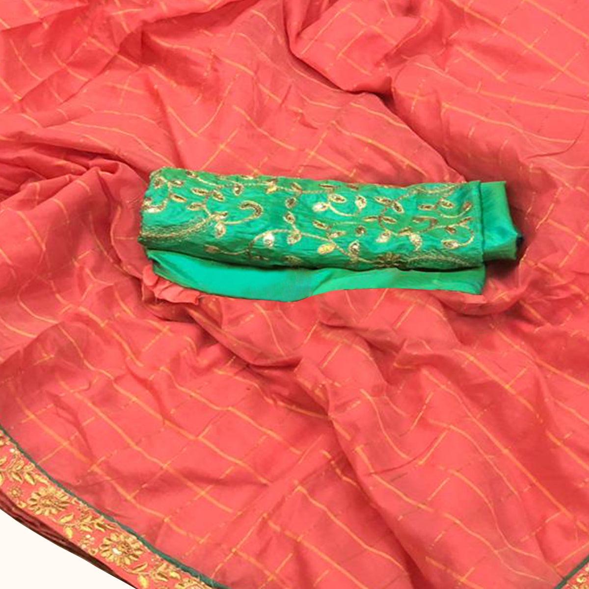 Gleaming Peach Colored Festive Wear Embroidered Cotton Saree