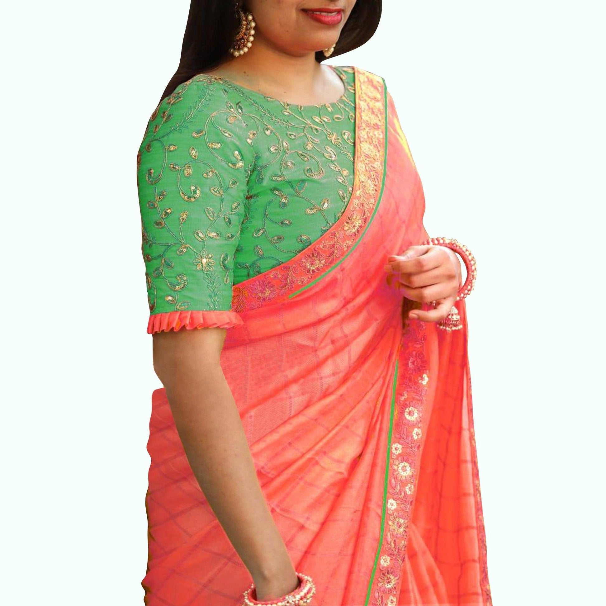 Gleaming Peach Colored Festive Wear Embroidered Cotton Saree