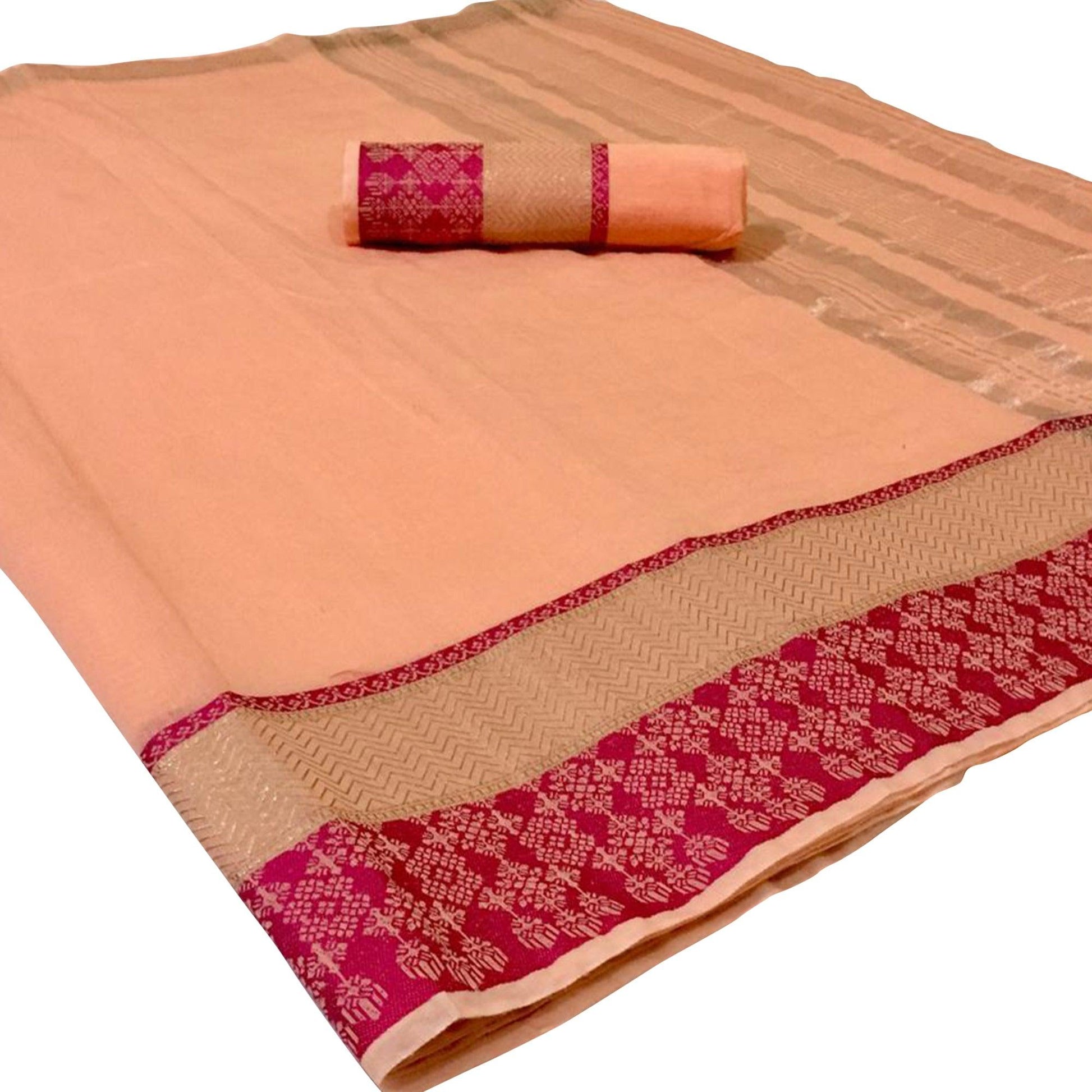 Gleaming Peach Colored Festive Wear Woven Linen Saree