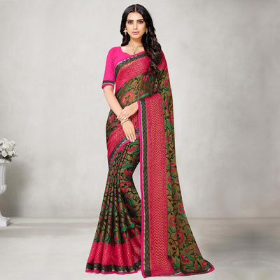 Gleaming Peach Coloured Partywear Printed Chiffon Brasso Saree
