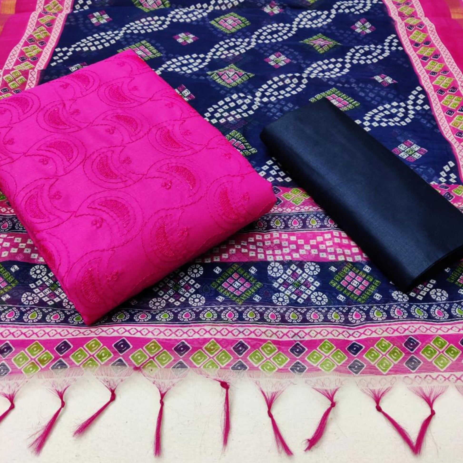 Gleaming Pink Colored Casual Wear Embroidered Cotton Dress Material