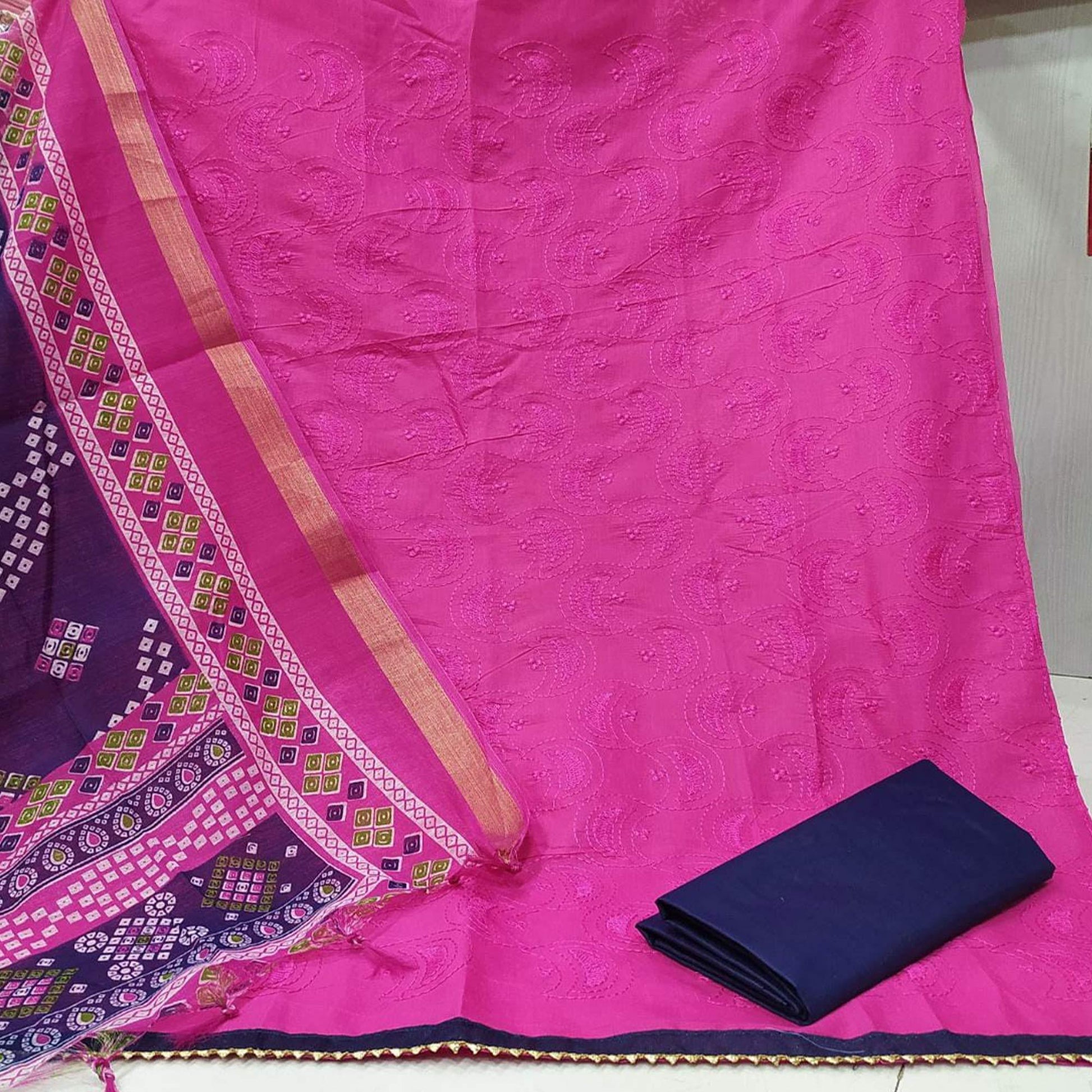 Gleaming Pink Colored Casual Wear Embroidered Cotton Dress Material