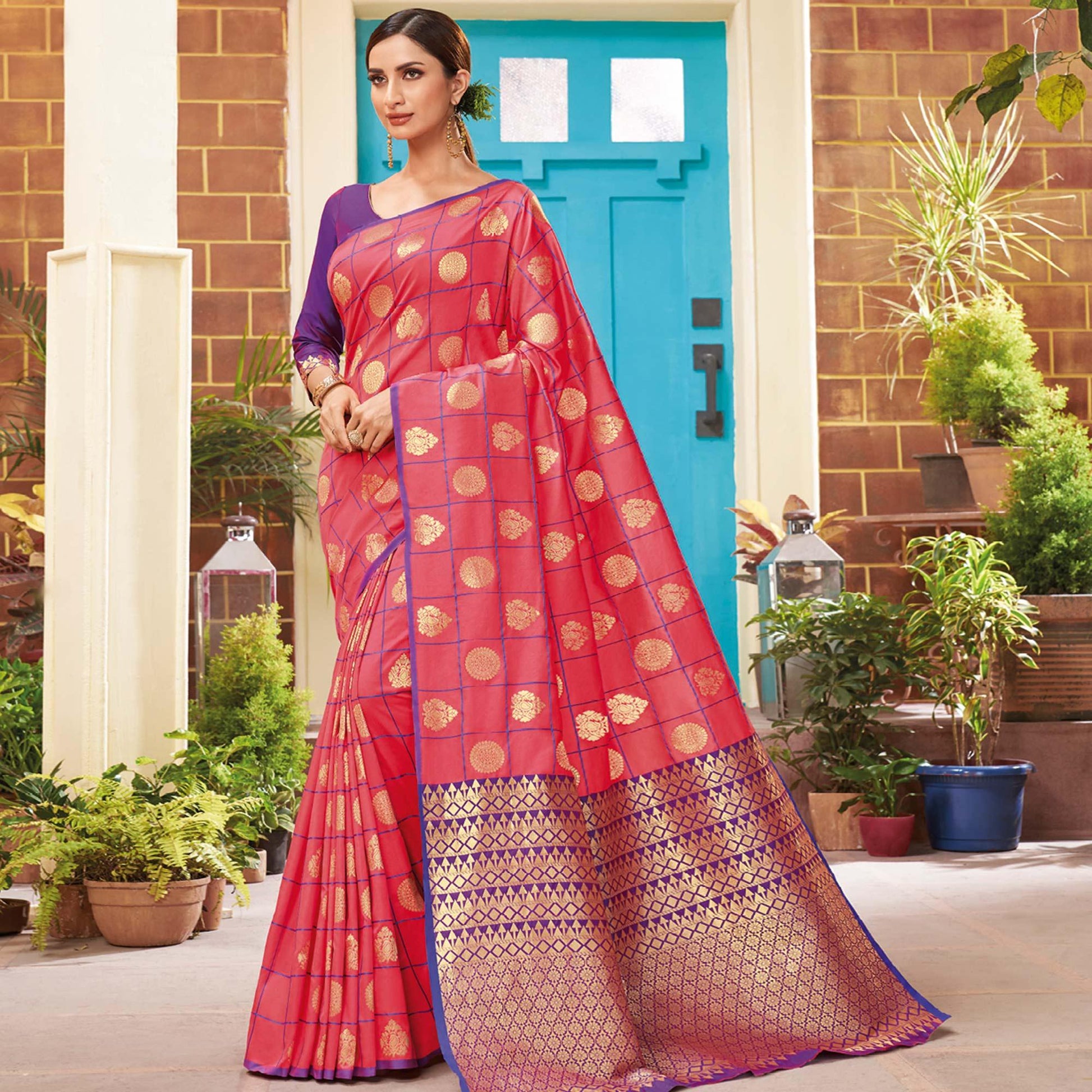 Gleaming Pink Colored Festive Wear Woven Silk Saree