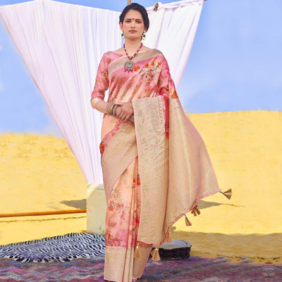 Gleaming Pink Colored Festive Wear Woven Silk Saree