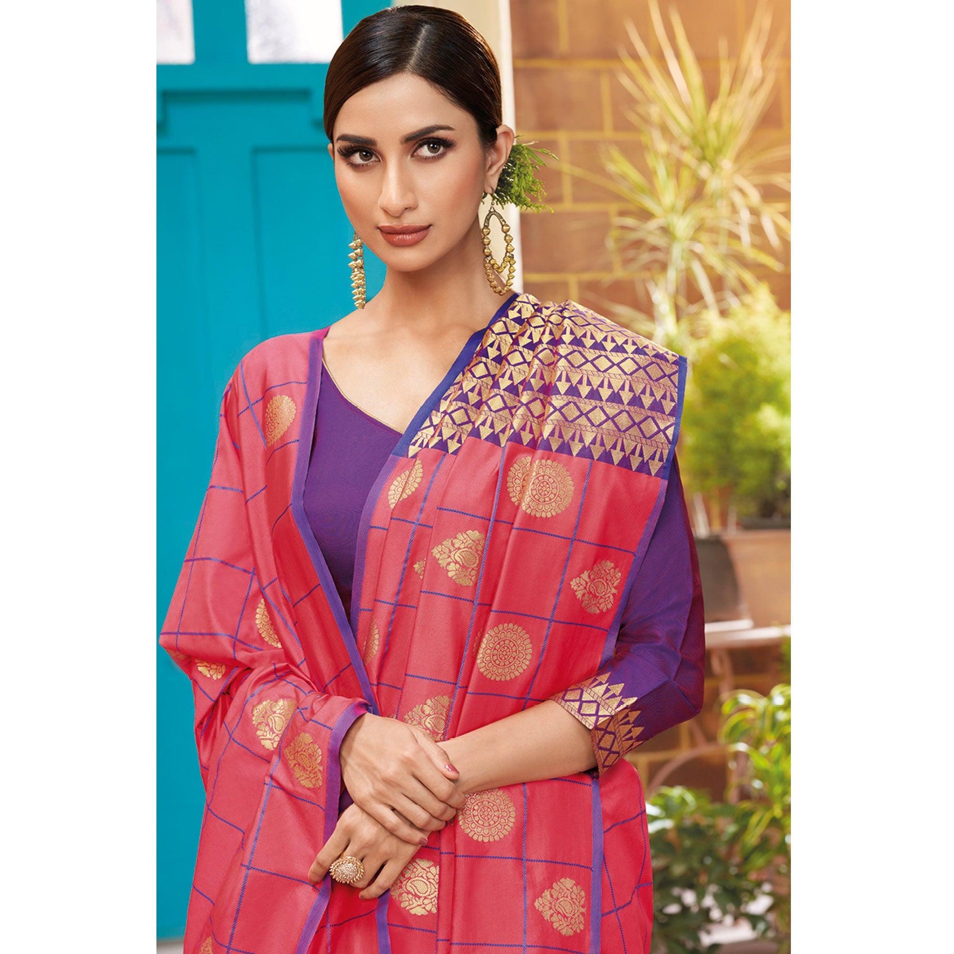 Gleaming Pink Colored Festive Wear Woven Silk Saree