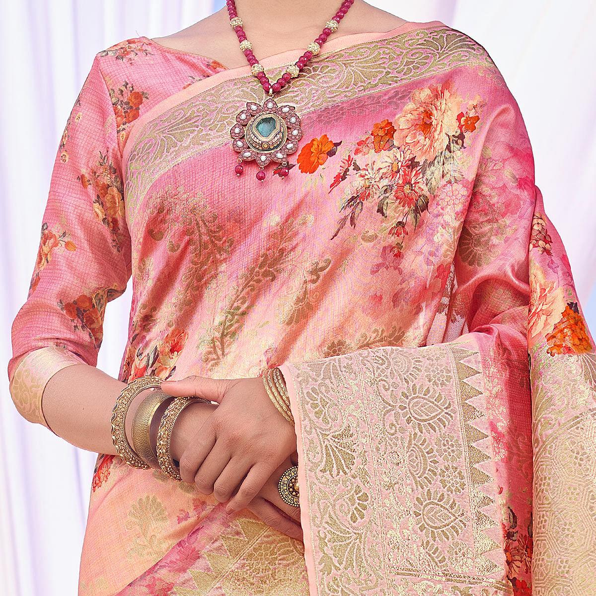 Gleaming Pink Colored Festive Wear Woven Silk Saree