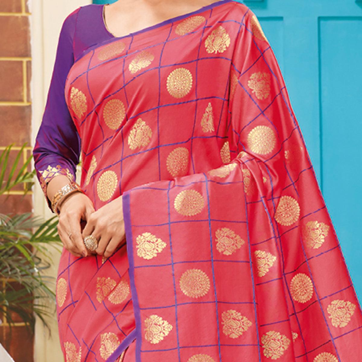 Gleaming Pink Colored Festive Wear Woven Silk Saree
