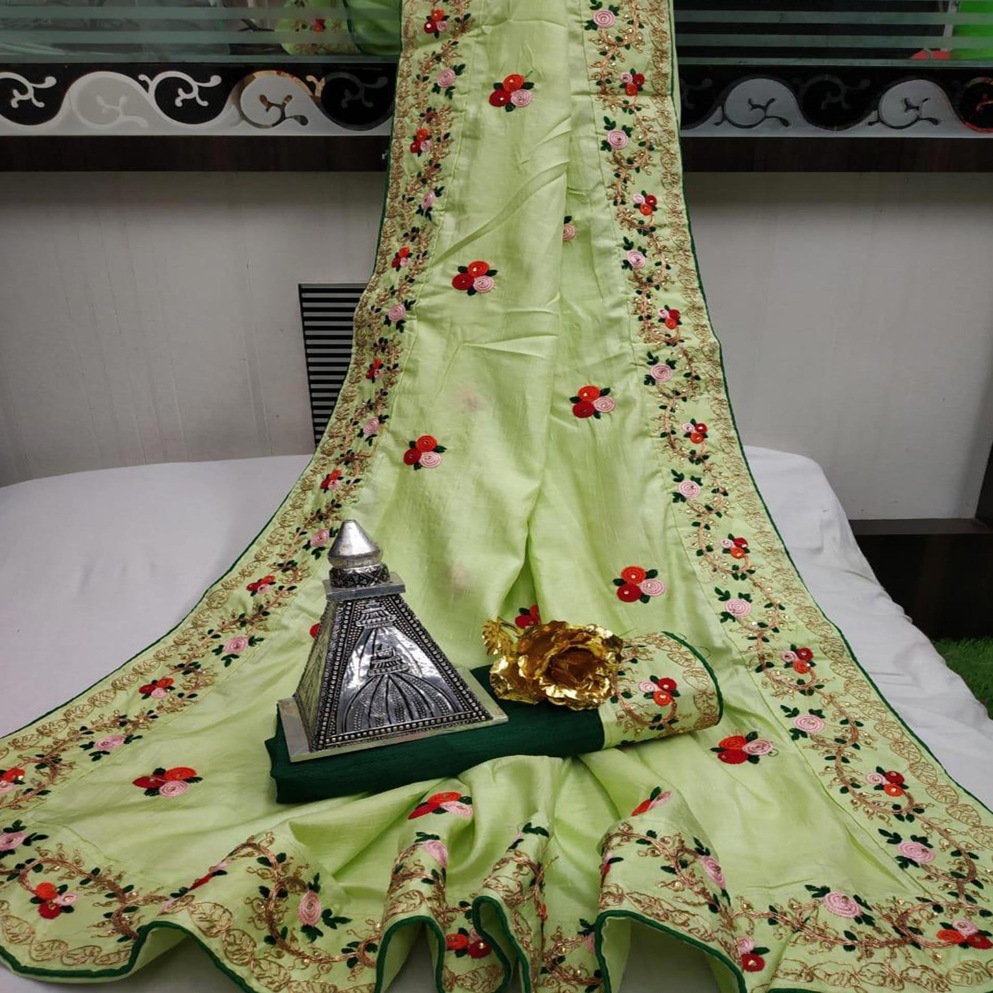 Gleaming Pista Green Colored Festive Wear Woven Dora Silk Saree