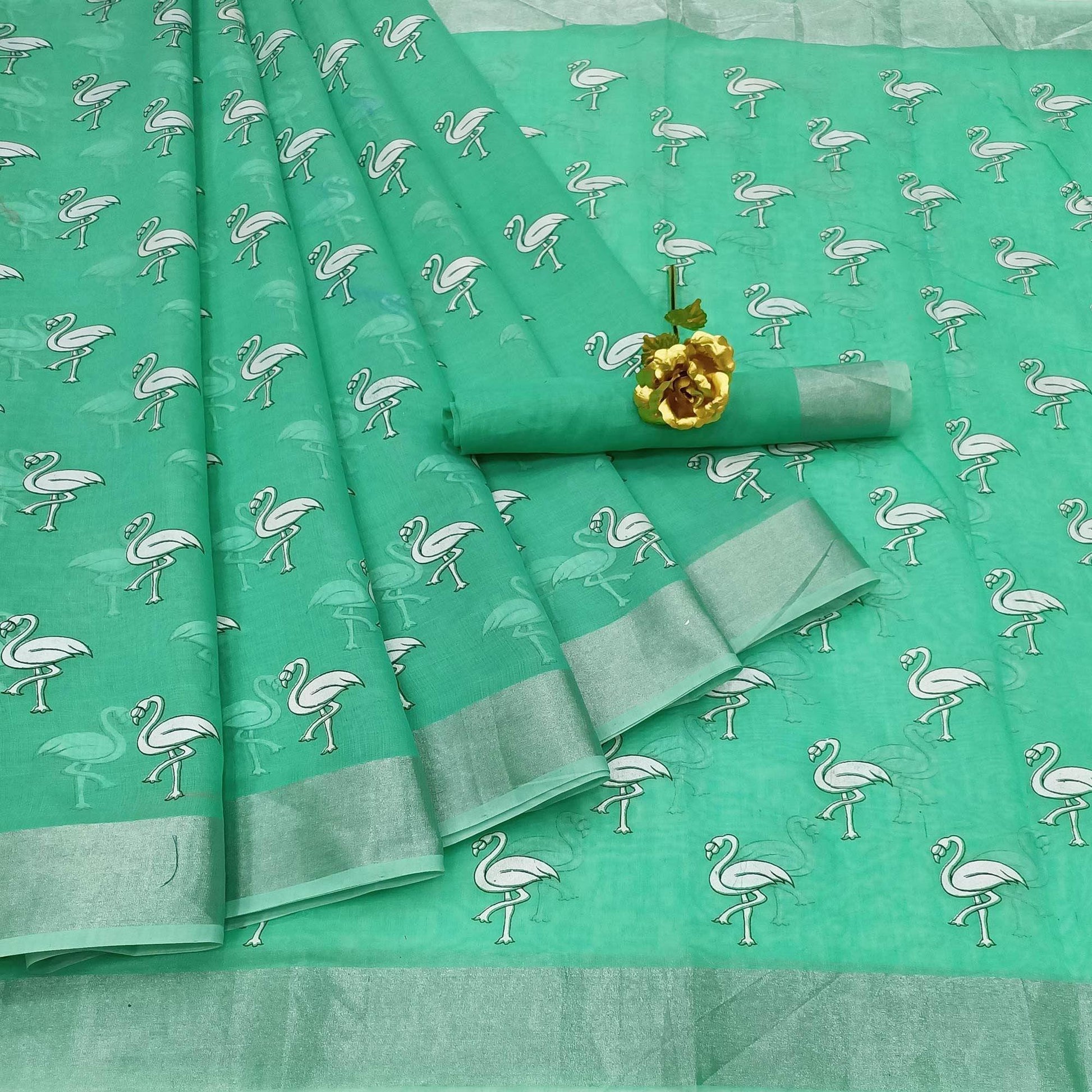 Gleaming Rama Colored Casual Wear Printed Cotton Linen Saree