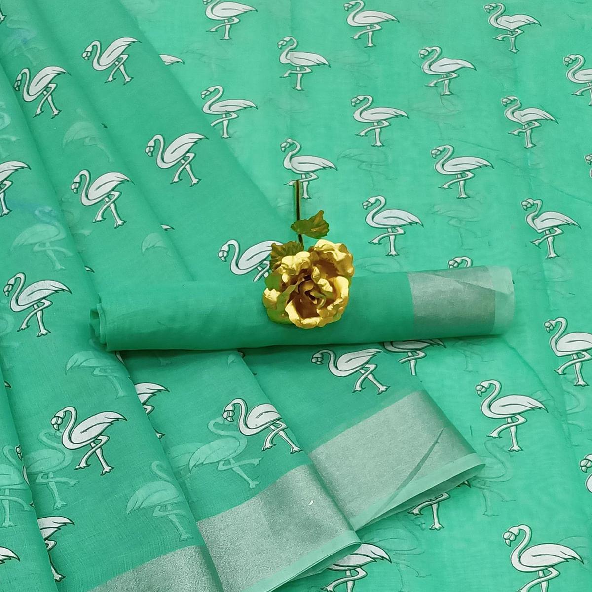 Gleaming Rama Colored Casual Wear Printed Cotton Linen Saree