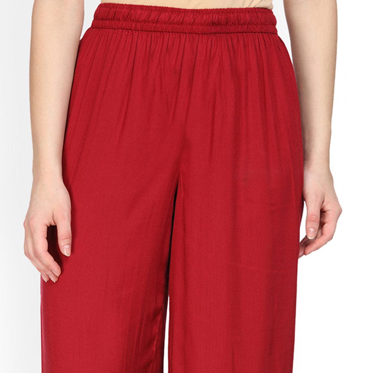 Gleaming Red Colored Casual Wear Rayon Palazzo