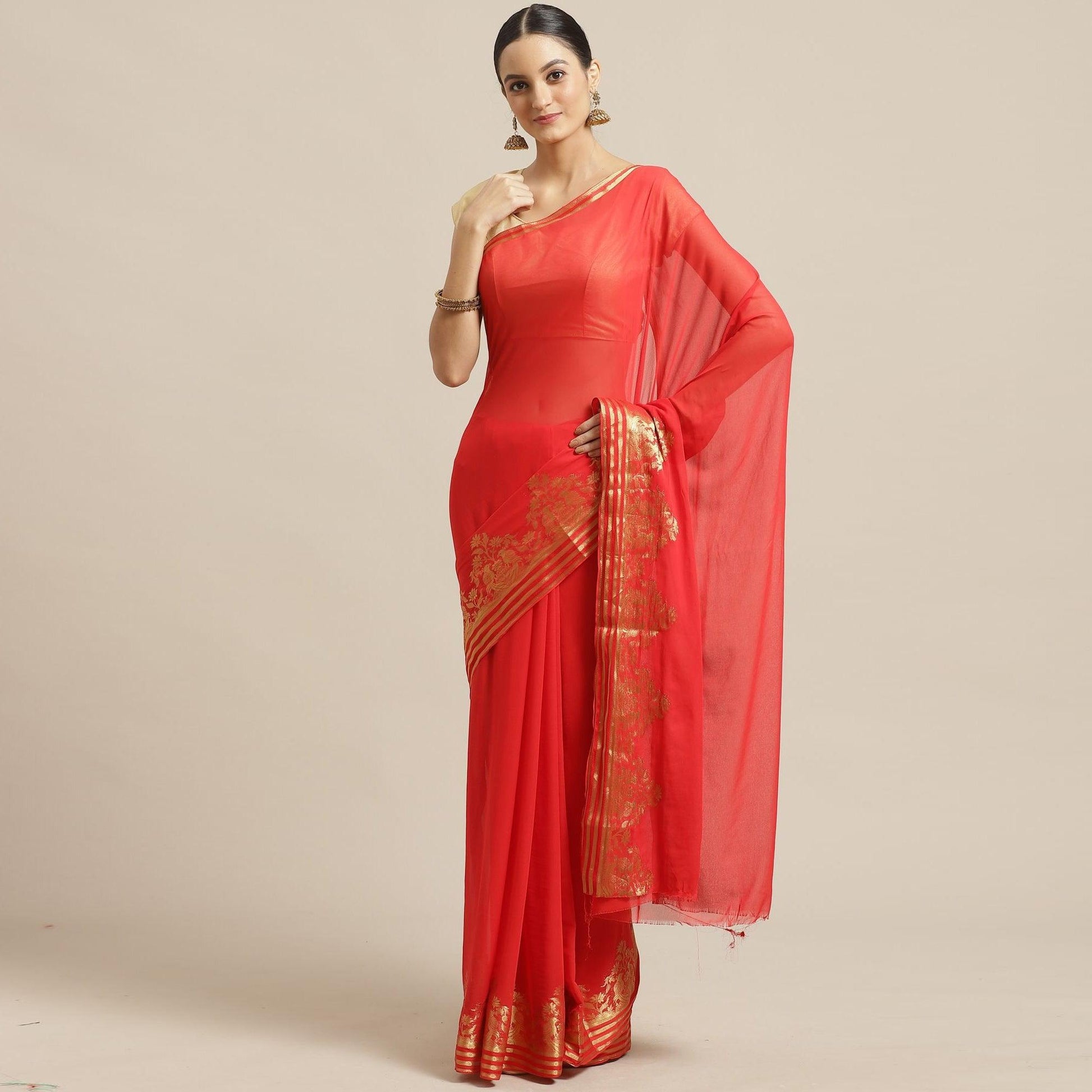Gleaming Red Colored Festive Wear Woven Chiffon Saree