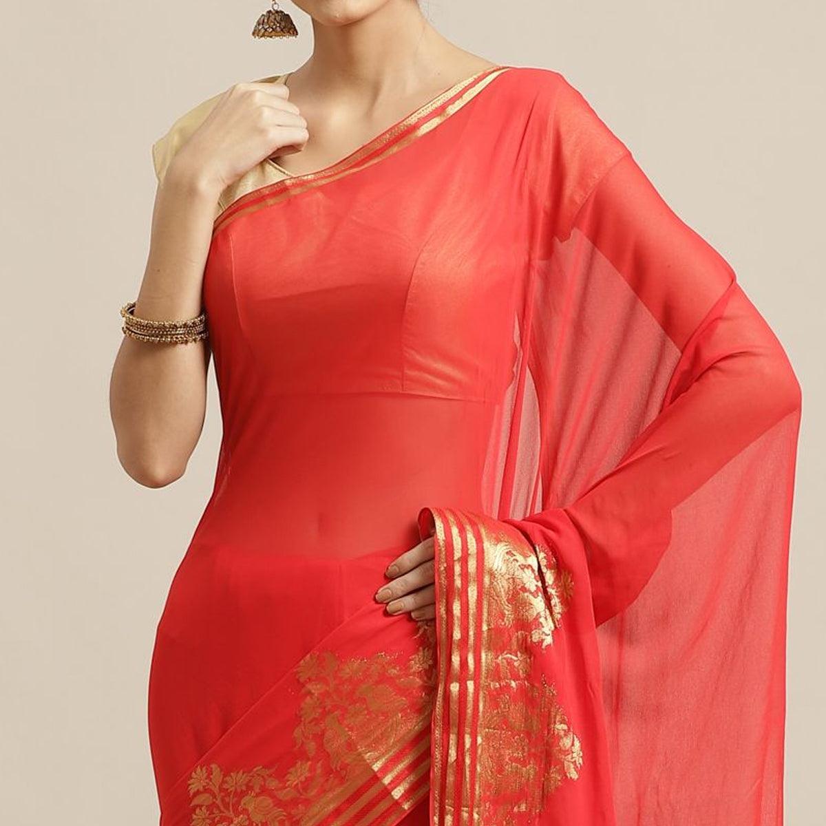 Gleaming Red Colored Festive Wear Woven Chiffon Saree