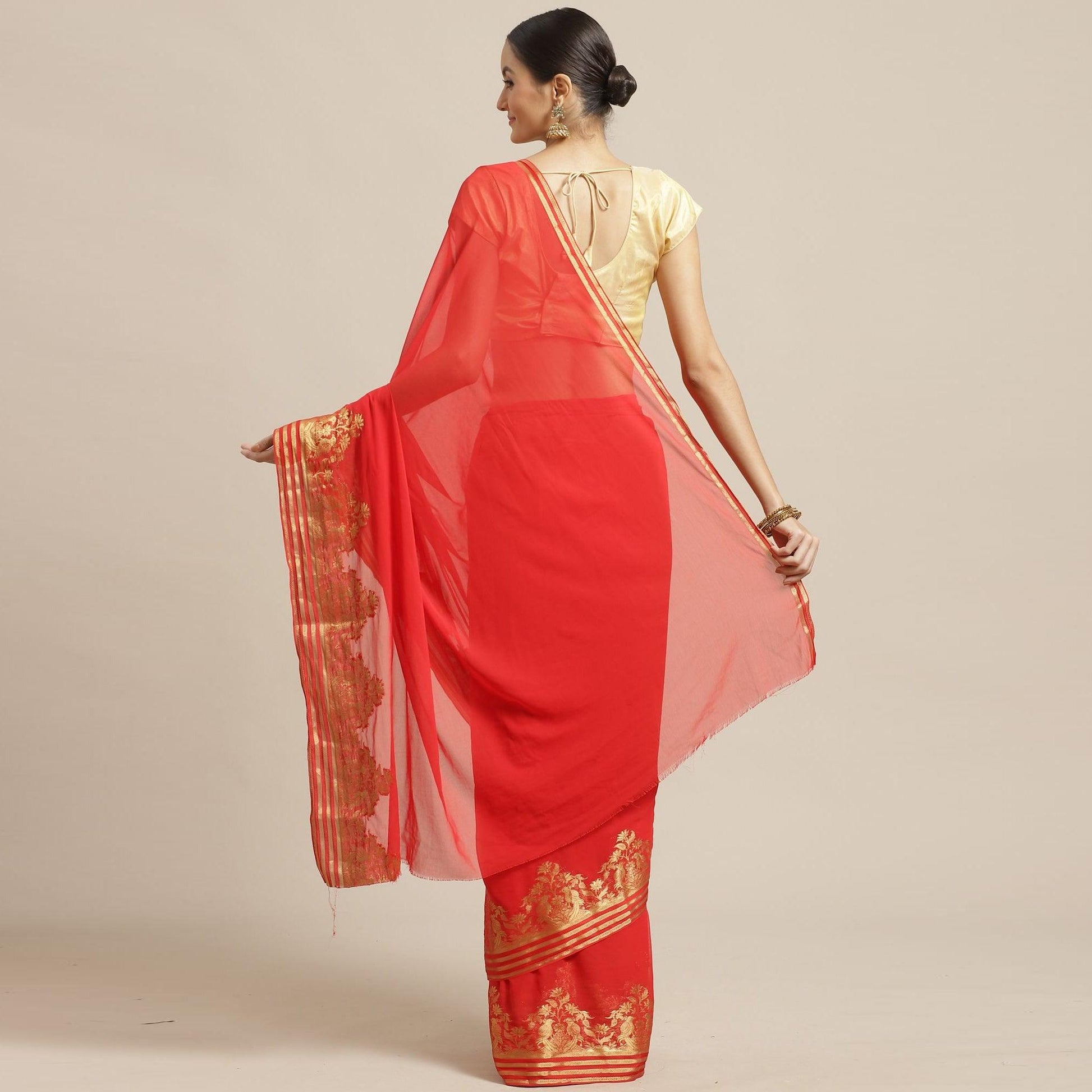 Gleaming Red Colored Festive Wear Woven Chiffon Saree