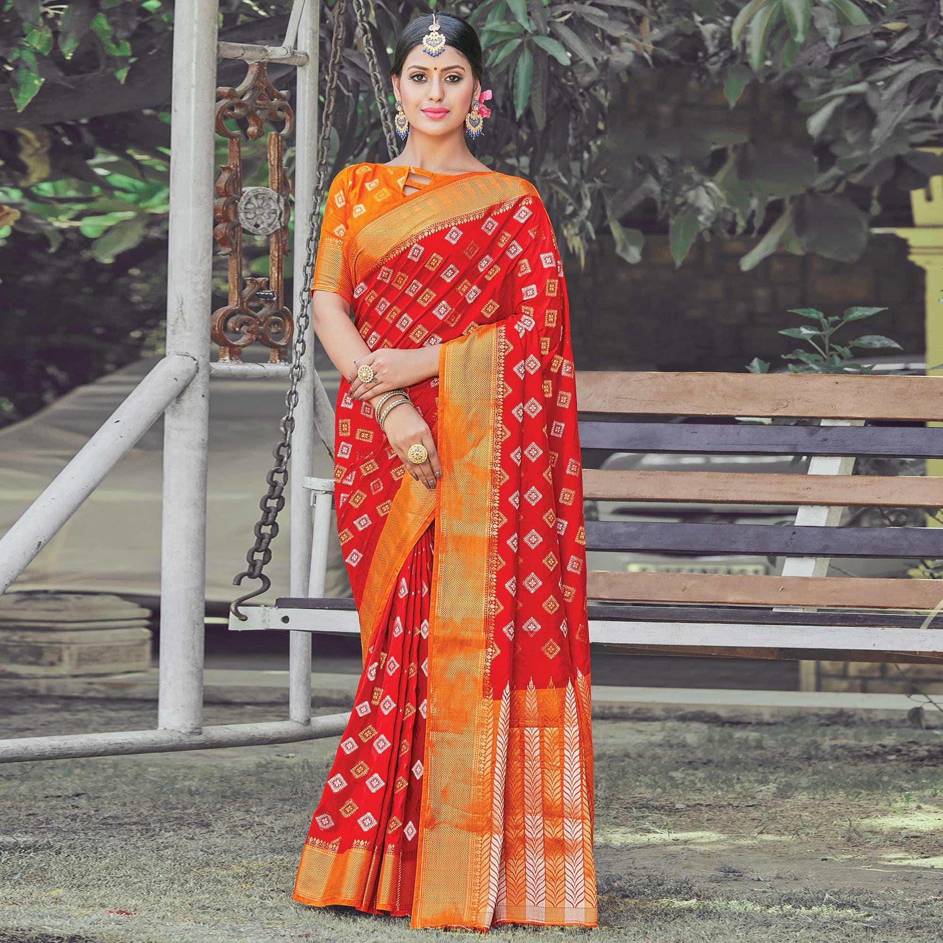 Gleaming Red Colored Festive Wear Woven Silk Saree