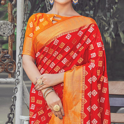 Gleaming Red Colored Festive Wear Woven Silk Saree
