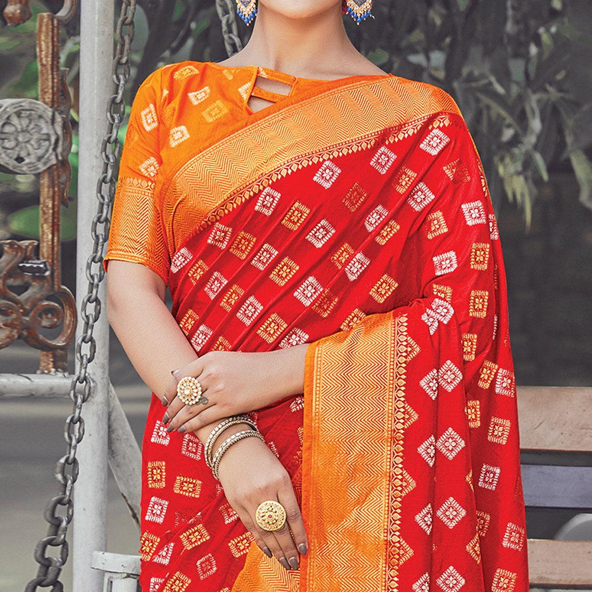Gleaming Red Colored Festive Wear Woven Silk Saree