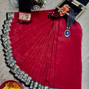Gleaming Red Colored Festive Wear Woven Soft Vichitra Silk Saree