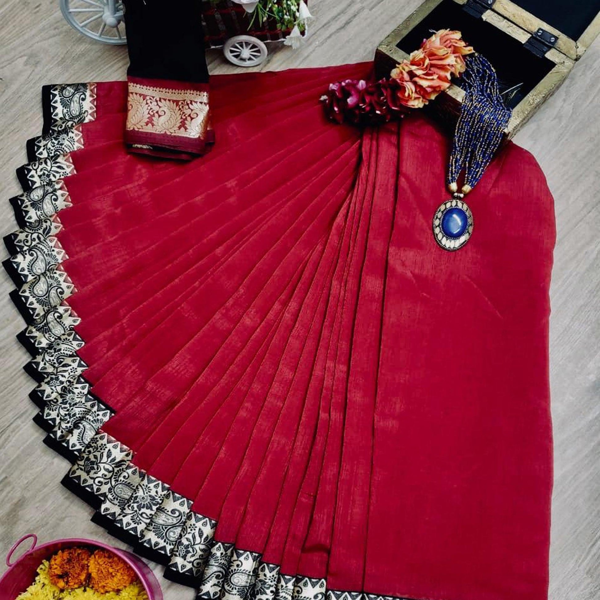 Gleaming Red Colored Festive Wear Woven Soft Vichitra Silk Saree