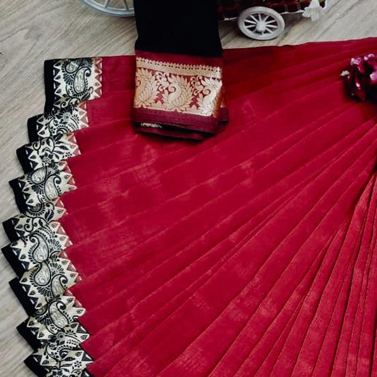 Gleaming Red Colored Festive Wear Woven Soft Vichitra Silk Saree