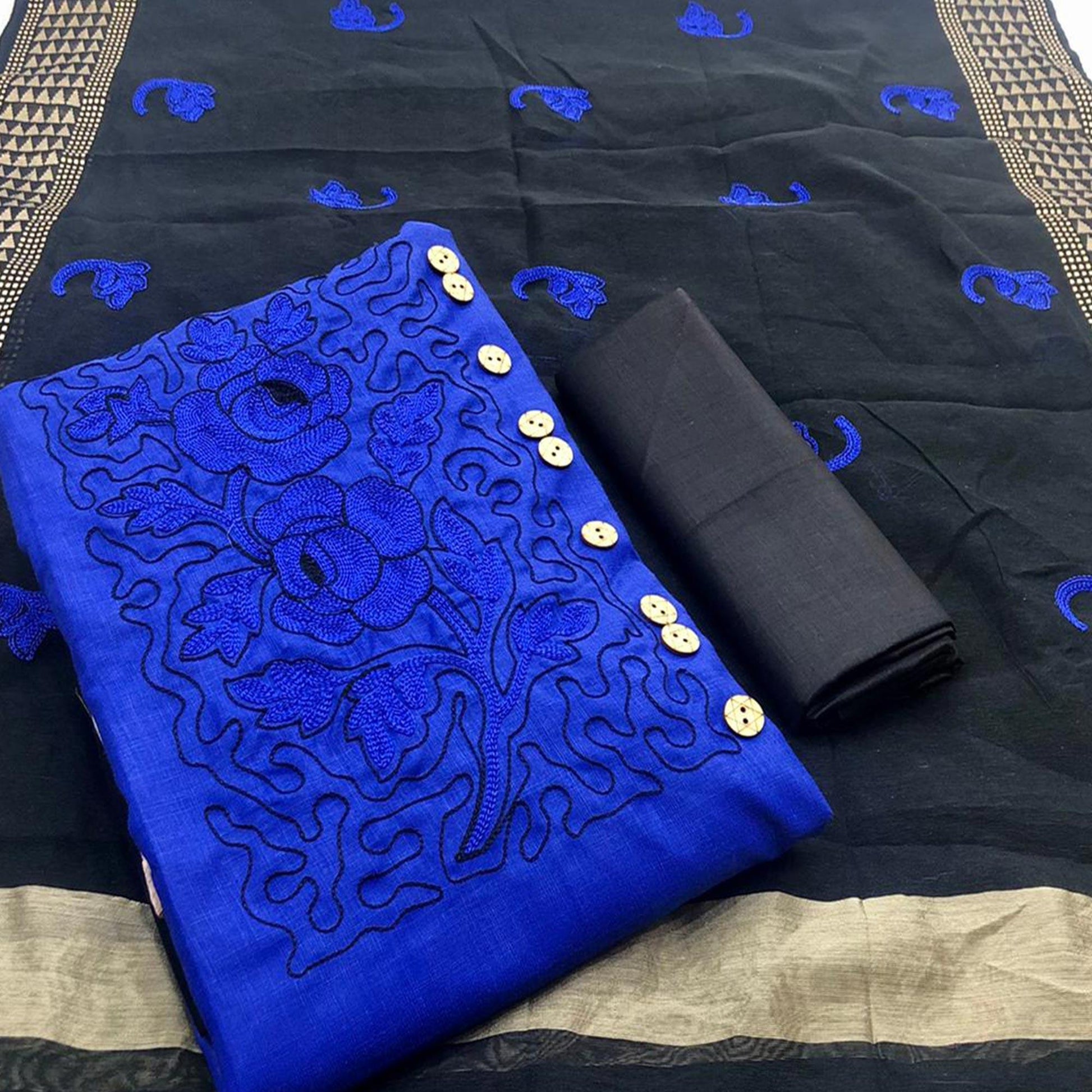 Gleaming Royal Blue Colored Casual Wear Embroidered Cotton Dress Material