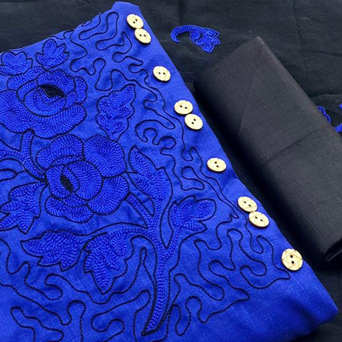 Gleaming Royal Blue Colored Casual Wear Embroidered Cotton Dress Material