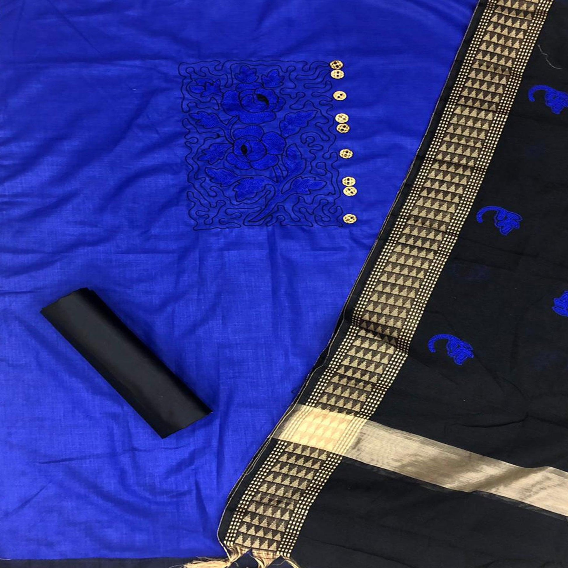 Gleaming Royal Blue Colored Casual Wear Embroidered Cotton Dress Material