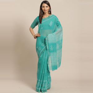 Gleaming Sea Green Colored Casual Wear Printed Silk Blend Saree