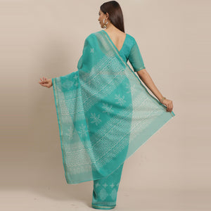 Gleaming Sea Green Colored Casual Wear Printed Silk Blend Saree