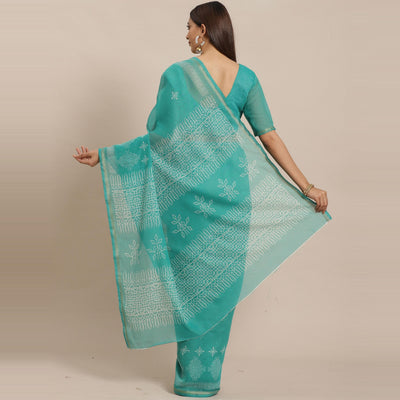 Gleaming Sea Green Colored Casual Wear Printed Silk Blend Saree