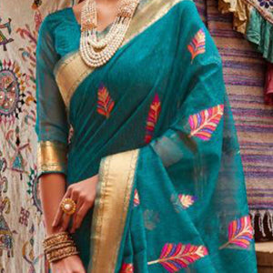 Gleaming Teal Blue Colored Partywear Printed Linen Saree