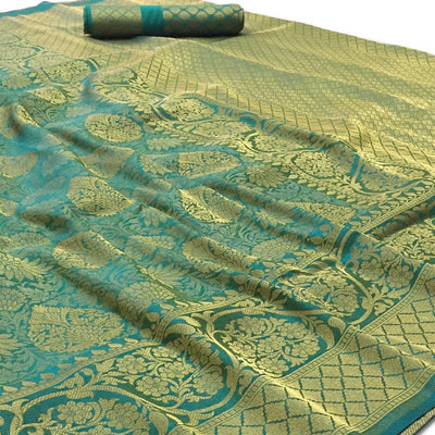 Gleaming Turquoise Blue Colored Festive Wear Woven Art Silk Saree