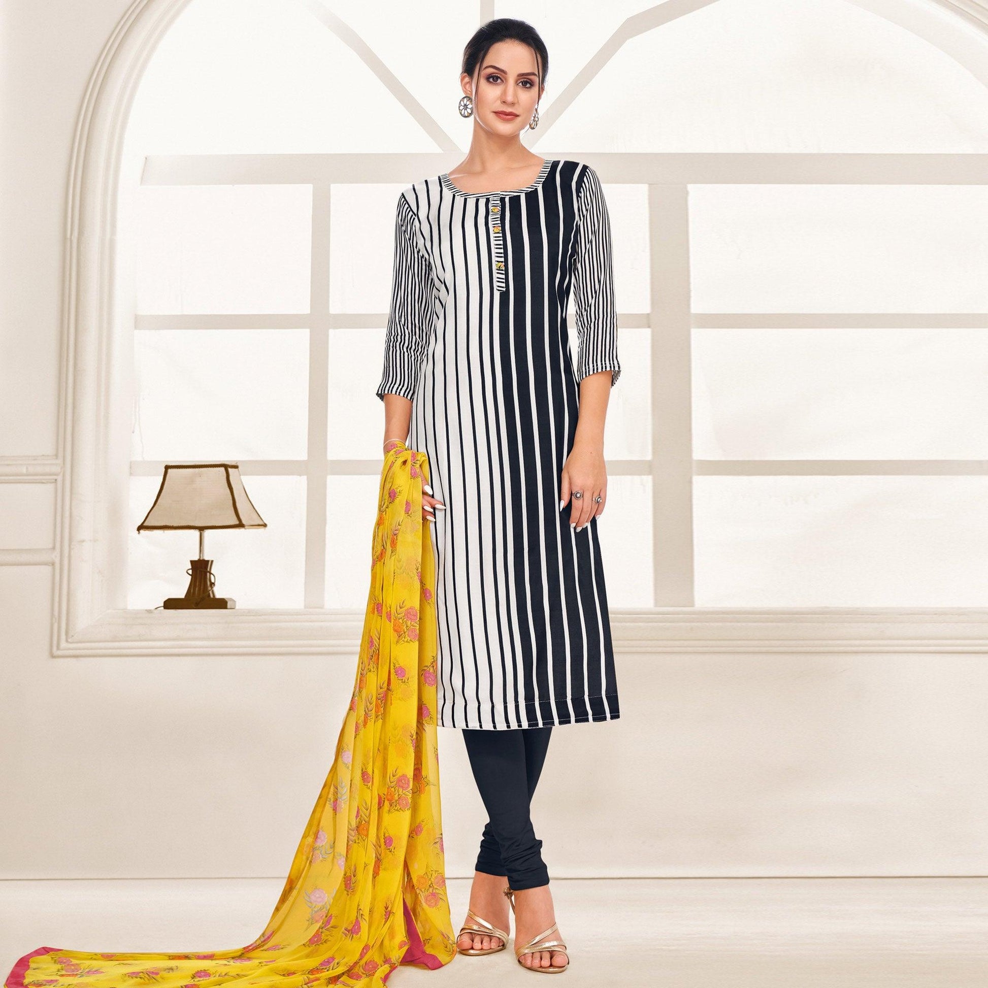 Gleaming White - Black Colored Casual Wear Embroidered Chanderi Dress Material