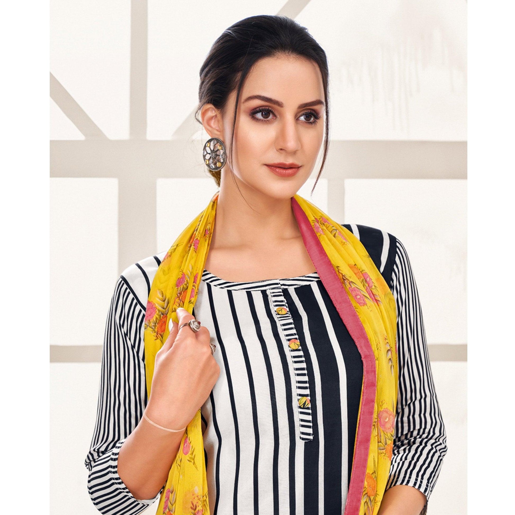 Gleaming White - Black Colored Casual Wear Embroidered Chanderi Dress Material