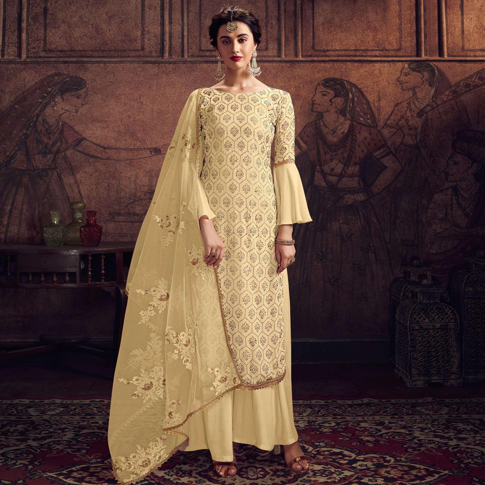 Gleaming Yellow Colored Partywear Embroidered Rangoli Georgette Palazzo Suit