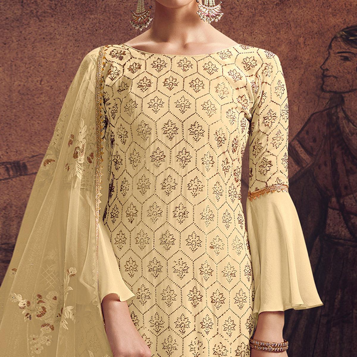 Gleaming Yellow Colored Partywear Embroidered Rangoli Georgette Palazzo Suit