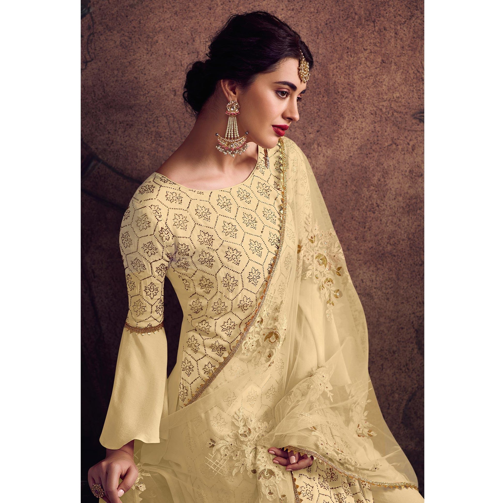 Gleaming Yellow Colored Partywear Embroidered Rangoli Georgette Palazzo Suit