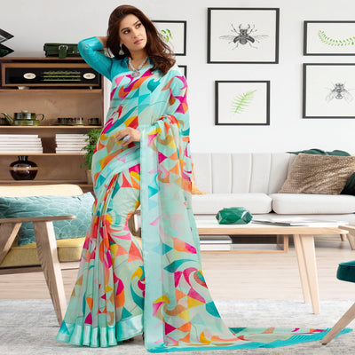 Glorious Aqua Blue Colored Casual Printed Cotton Saree