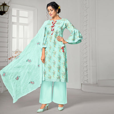 Glorious Aqua Blue Colored Casual Wear Digital Printed Cotton Dress Material